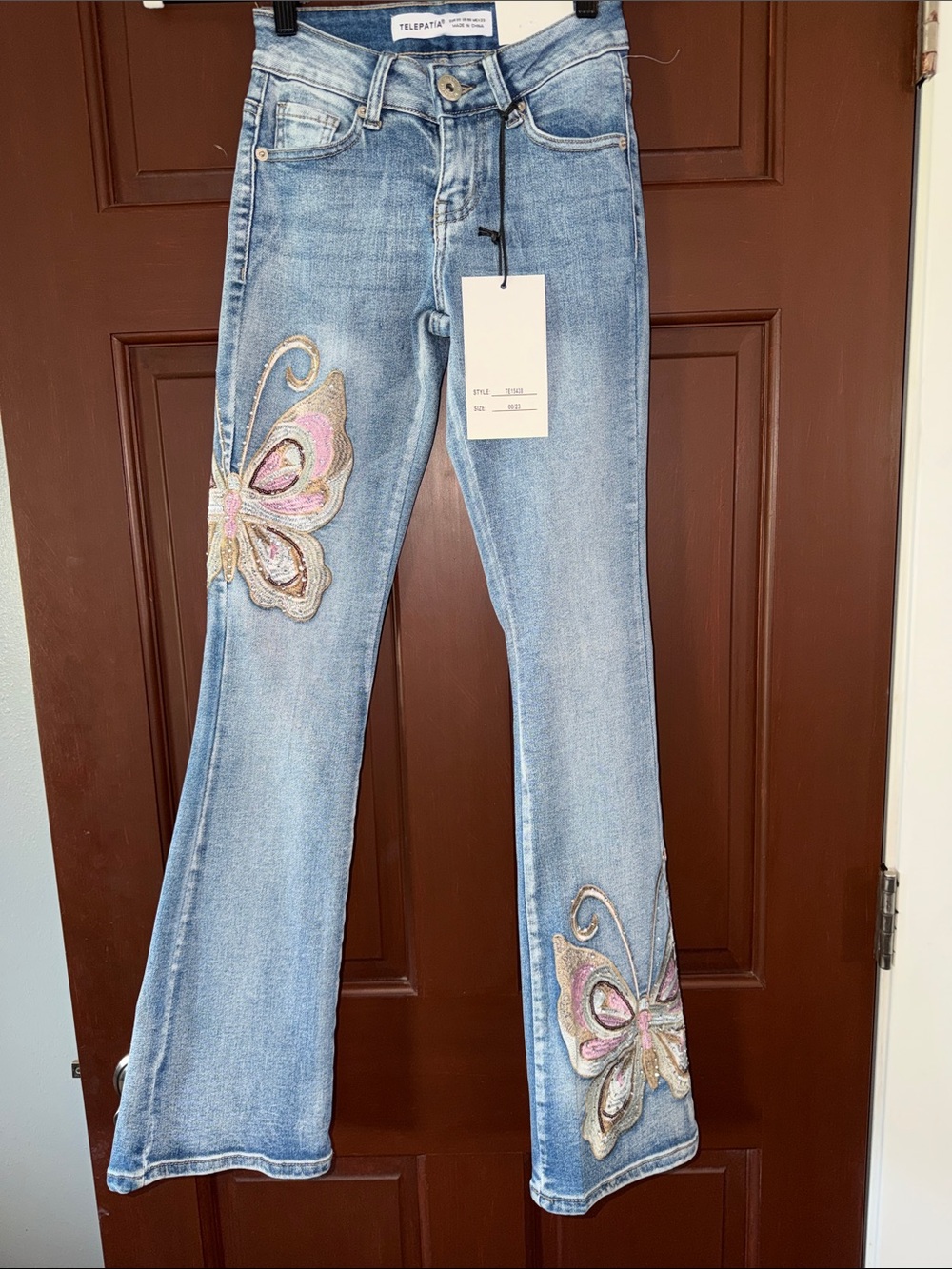 Telepatia Light Blue Embroidered Butterfly Flare Jeans